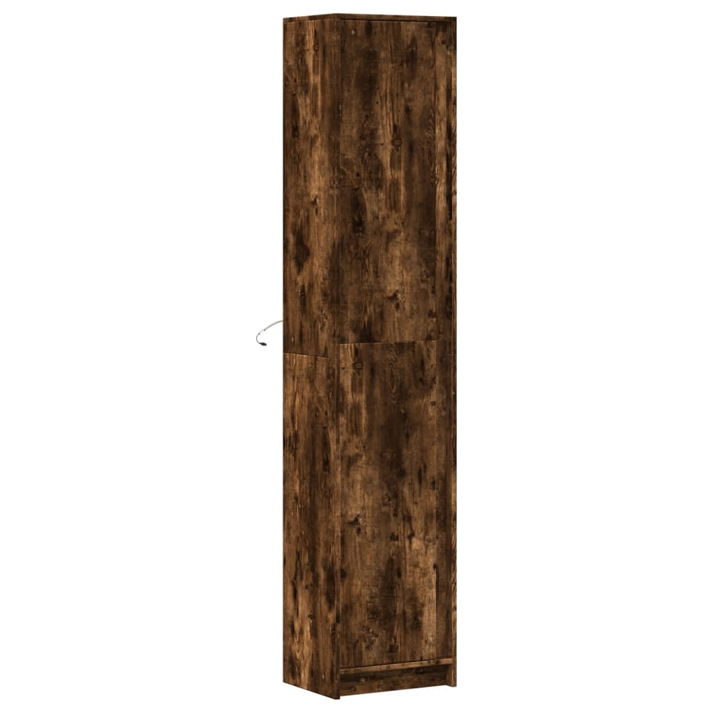 skab med LED-lys 41,5x32,5x200 cm konstrueret træ røget eg