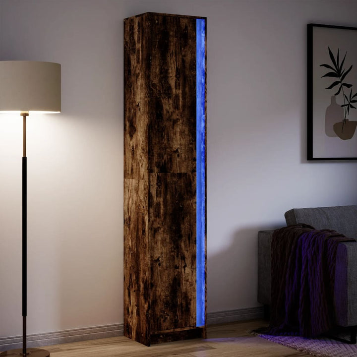 skab med LED-lys 41,5x32,5x200 cm konstrueret træ røget eg