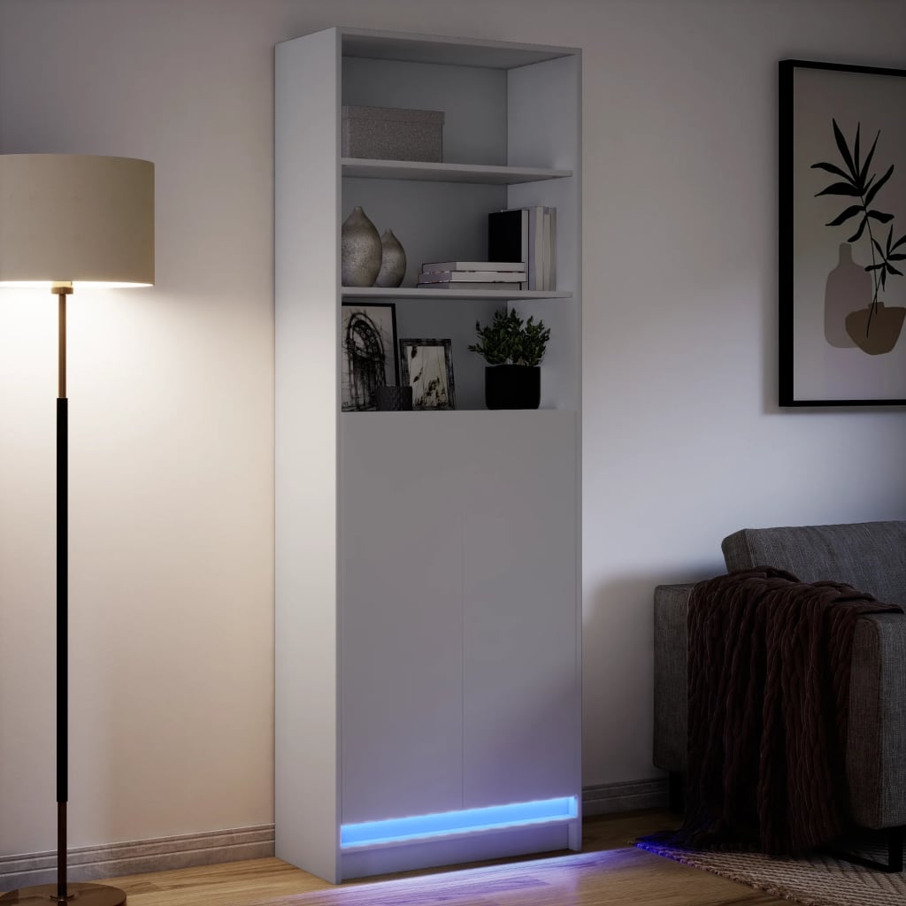 skab med LED-lys 69x32,5x200 cm konstrueret træ hvid