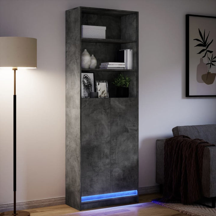 skab med LED-lys 69x32,5x200 cm konstrueret træ betongrå