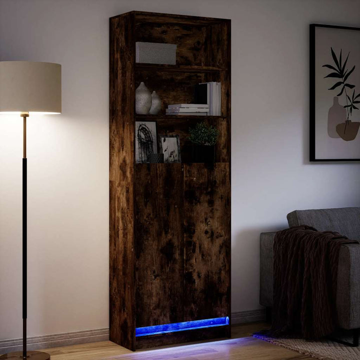 skab med LED-lys 69x32,5x200 cm konstrueret træ røget eg