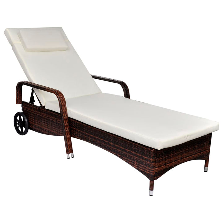 liggestol med hynde & hjul polyrattan brun