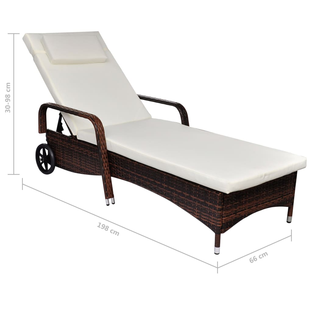 liggestol med hynde & hjul polyrattan brun