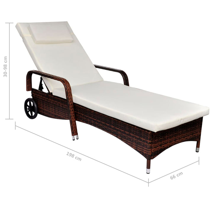 liggestol med hynde & hjul polyrattan brun