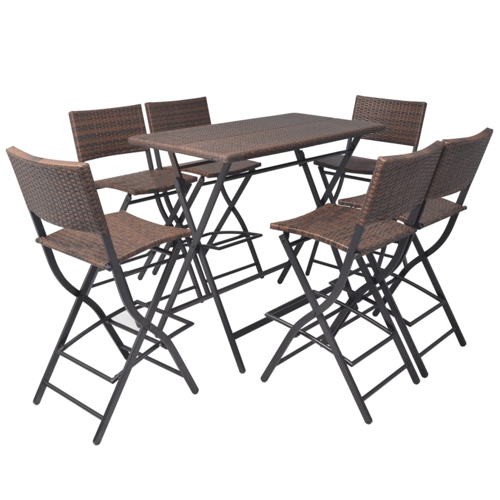 foldbart udendørs spisebordssæt 7 dele stål polyrattan brun