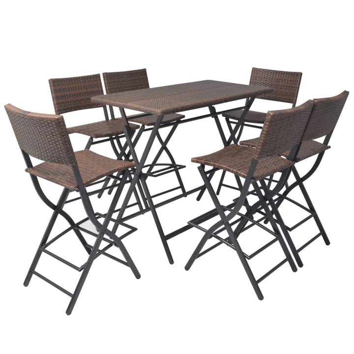 foldbart udendørs spisebordssæt 7 dele stål polyrattan brun
