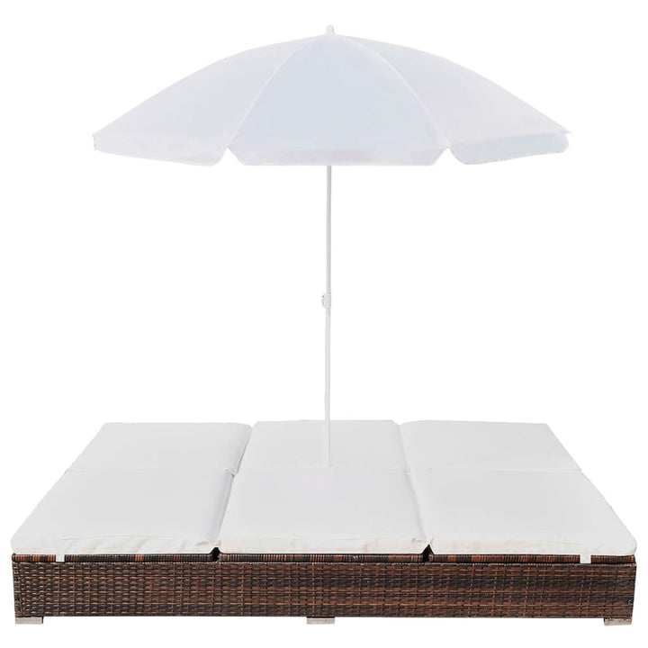 loungeseng med parasol polyrattan brun
