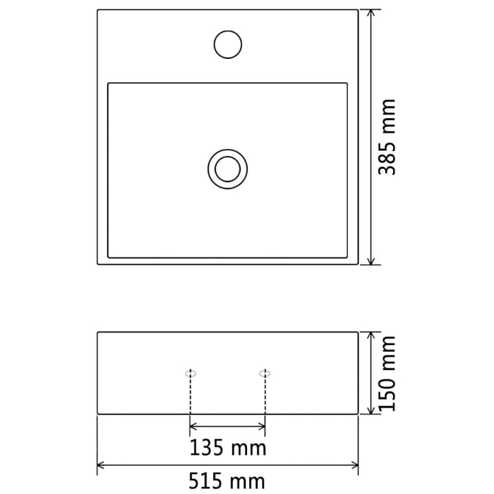 håndvask med hul til vandhane keramik 51,5x38,5x15 cm hvid
