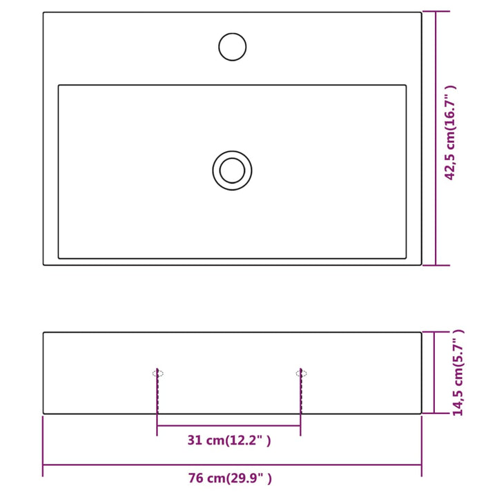 håndvask med hul til vandhane keramik 76x42,5x14,5 cm hvid