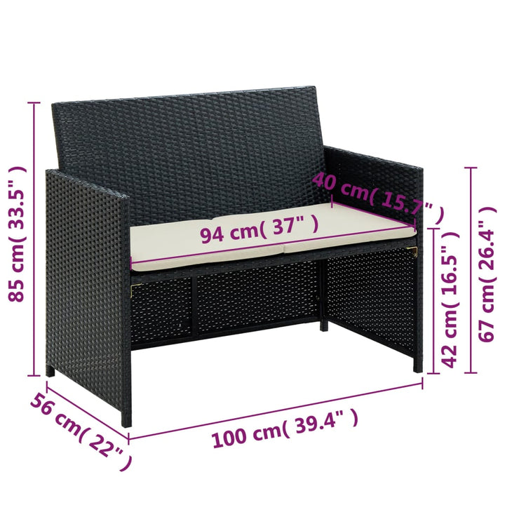 2-personers havesofa med hynder sort polyrattan