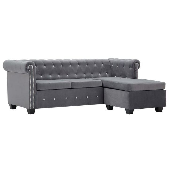 L-formet Chesterfield-sofa 199x142x72 cm velour grå