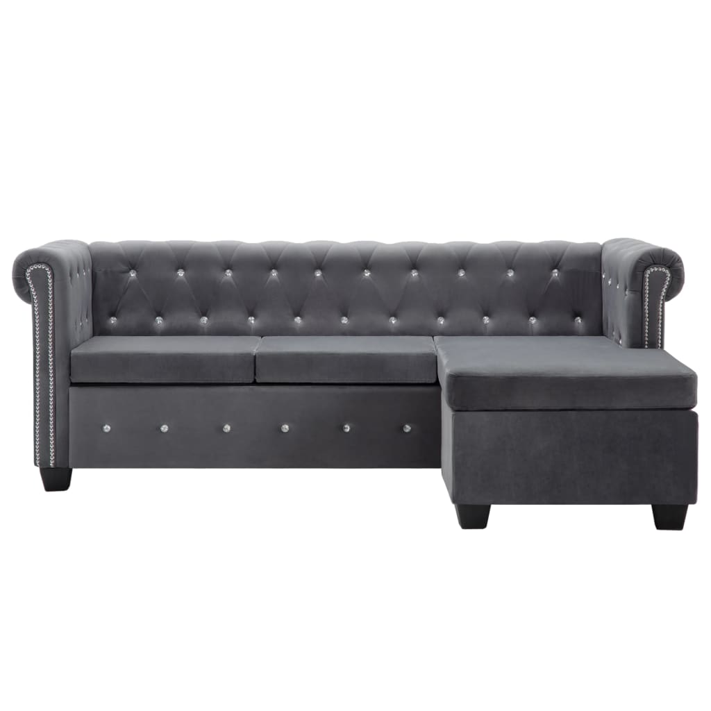 L-formet Chesterfield-sofa 199x142x72 cm velour grå