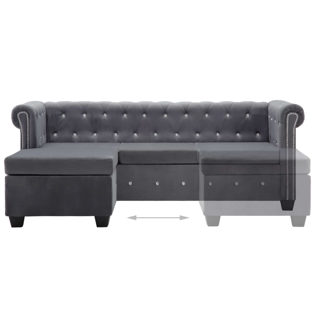 L-formet Chesterfield-sofa 199x142x72 cm velour grå