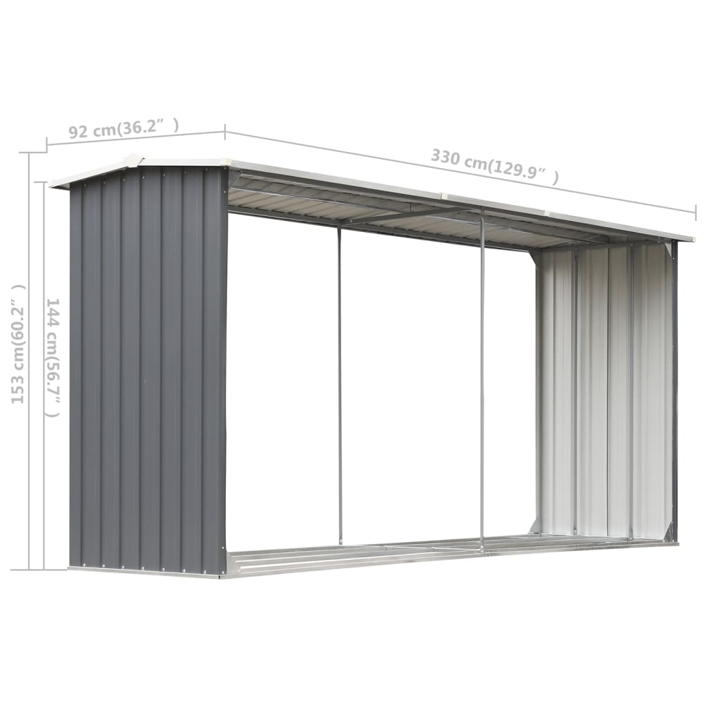 brændeskur til haven galvaniseret stål 330 x 92 x 153 cm grå