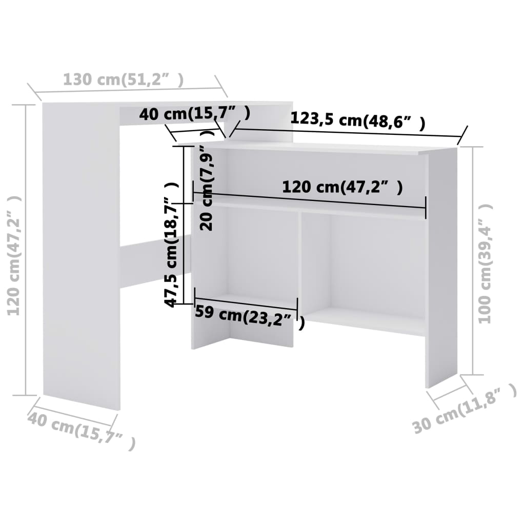 barbord med 2 bordplader 130x40x120 cm hvid