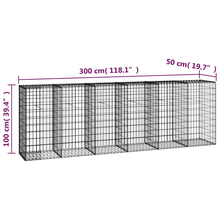 gabionvæg med dæksler galvaniseret stål 300 x 50 x 100 cm
