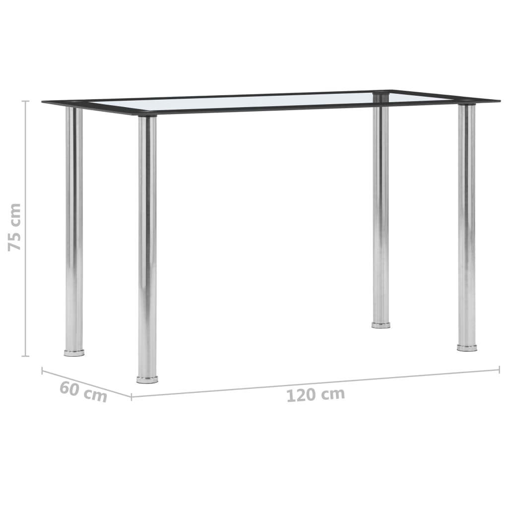 spisebord 120x60x75 cm hærdet glas sort og gennemsigtig