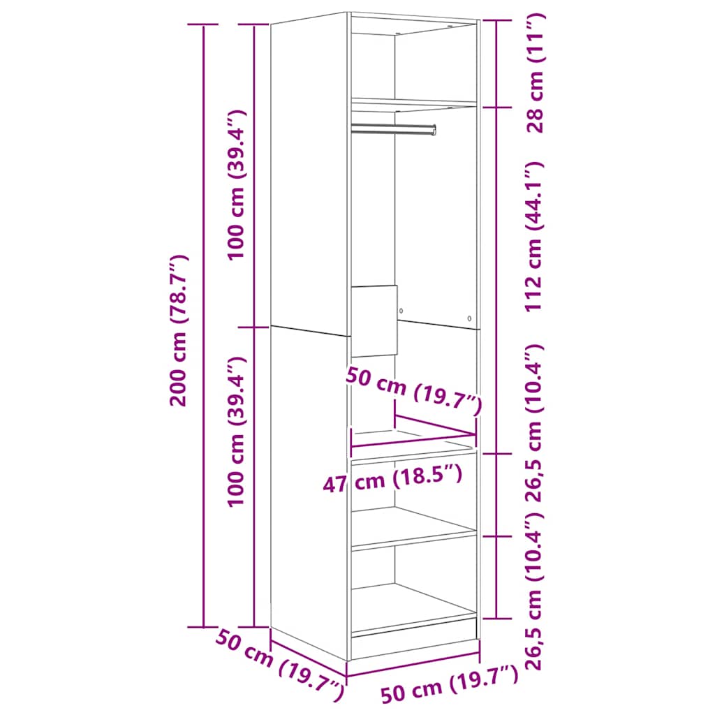 klædeskab 50x50x200 cm konstrueret træ sonoma-eg