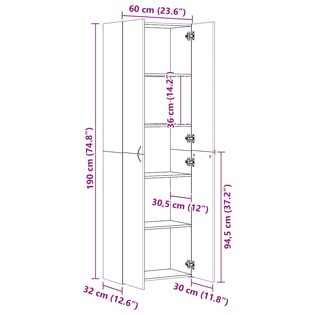 kontorskab 60x32x190 cm konstrueret træ sonoma-eg