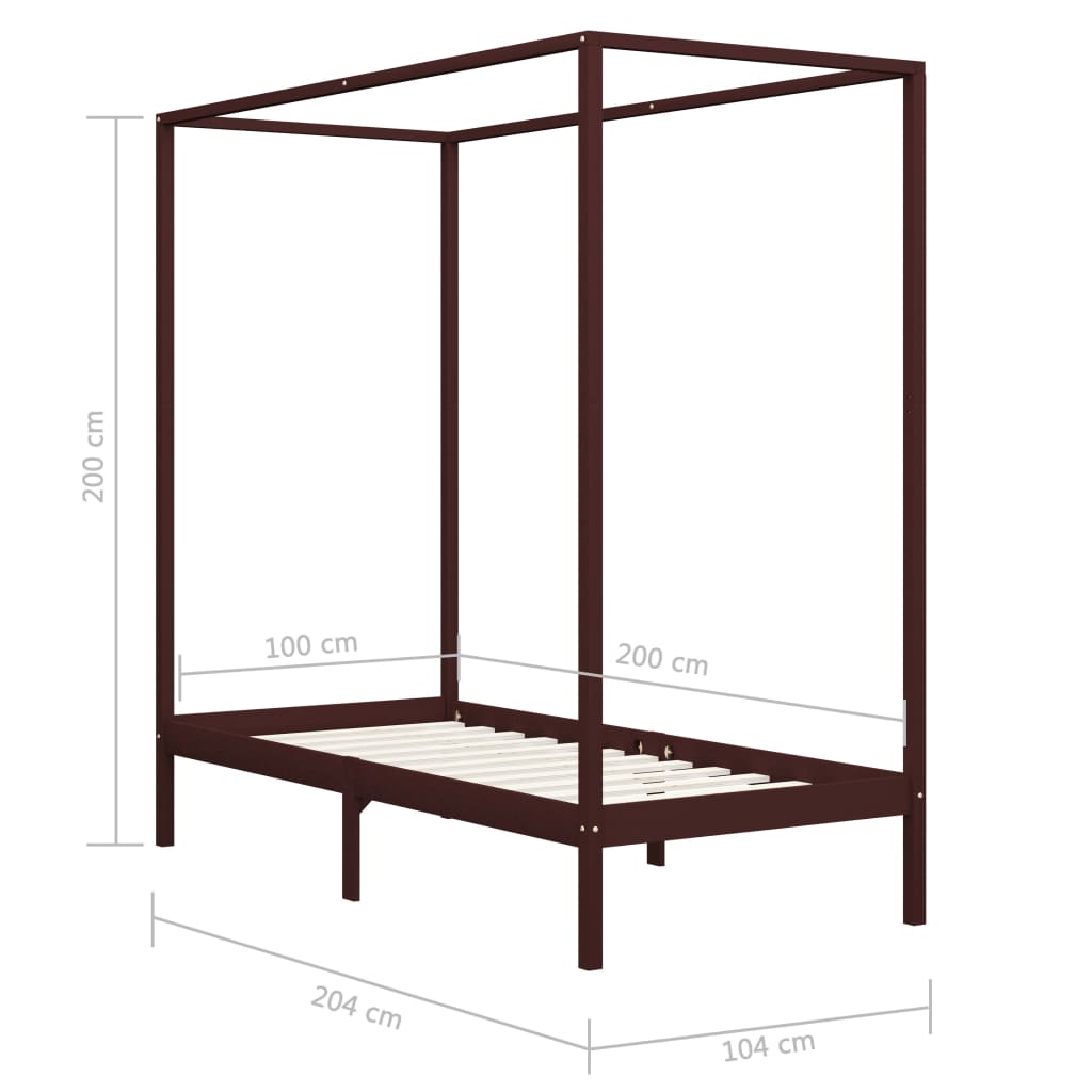 sengestel til himmelseng 100 x 200 cm massiv fyrretræ mørkebrun