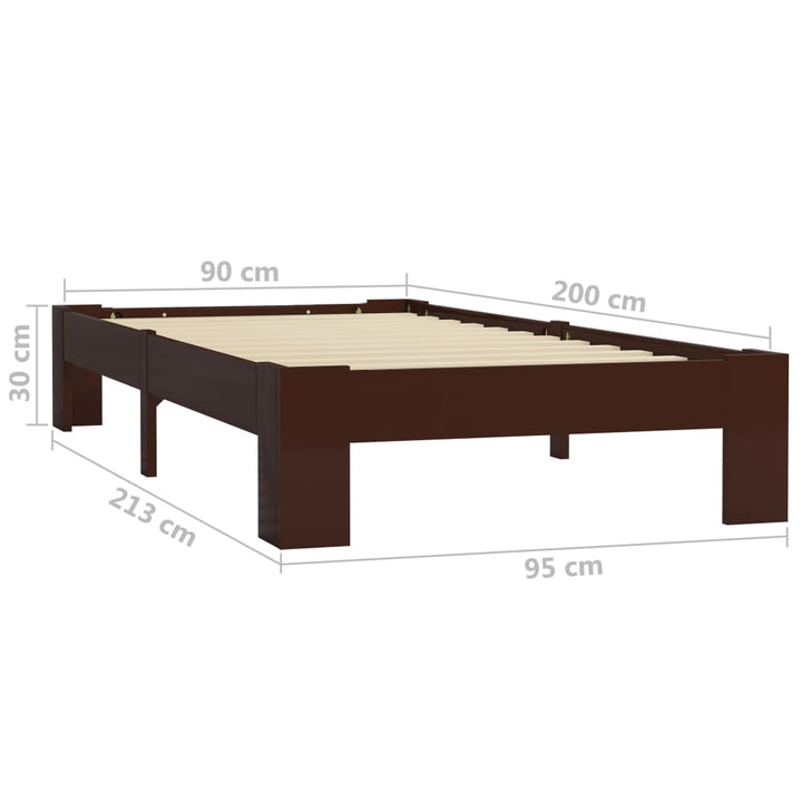 sengestel 90x200 cm massivt fyrretræ mørkebrun