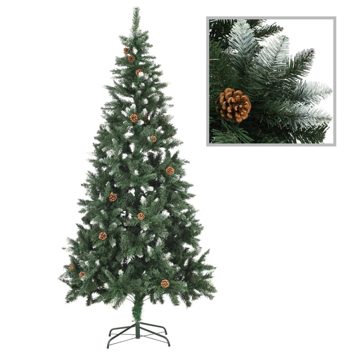 kunstigt juletræ med grankogler og hvidt glitter 210 cm
