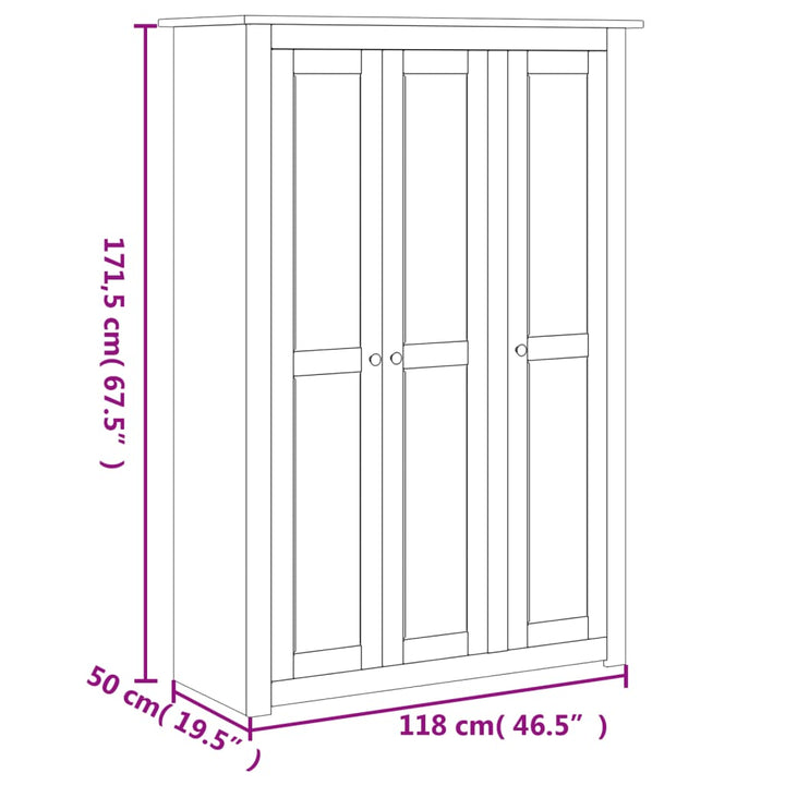 klædeskab med 3 låger 118 x 50 x 171,5 cm fyrretræ grå Panama