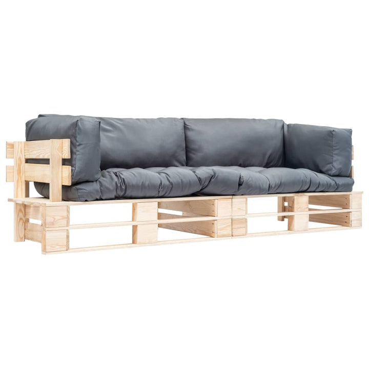 sofasæt til haven 2 dele med grå hynder træpaller fyrretræ
