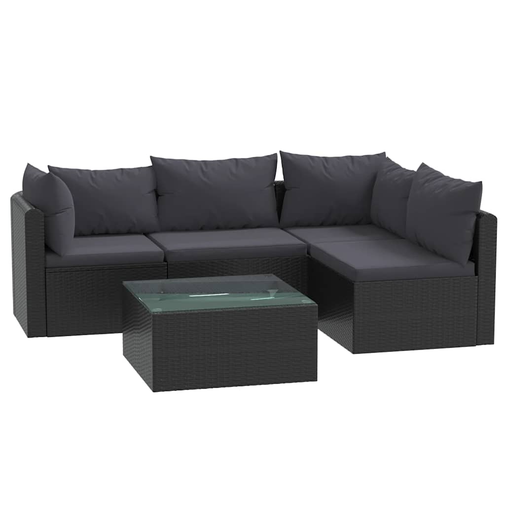 haveloungesæt 5 dele med hynder polyrattan sort
