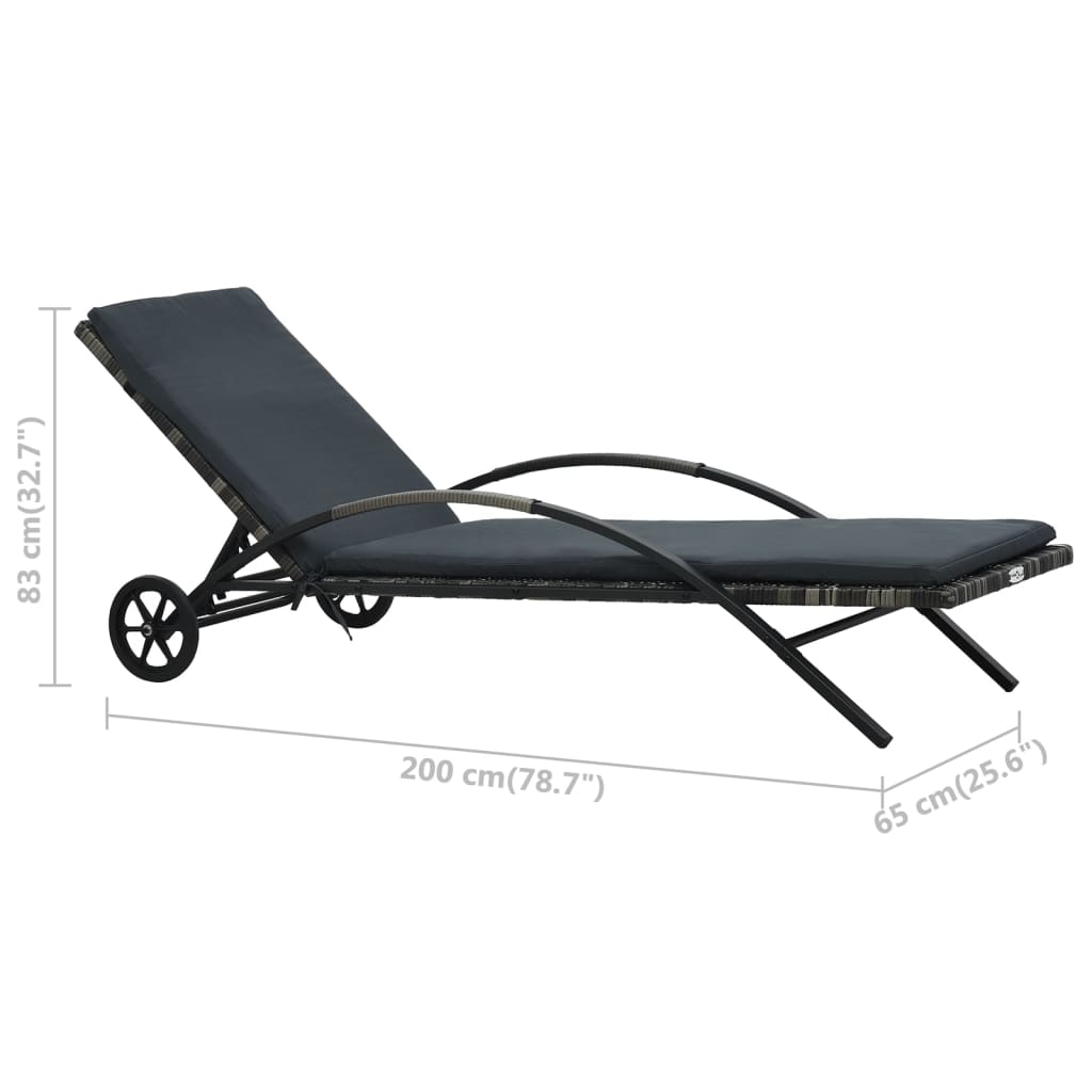 liggestol med hynde og hjul polyrattan antracitgrå