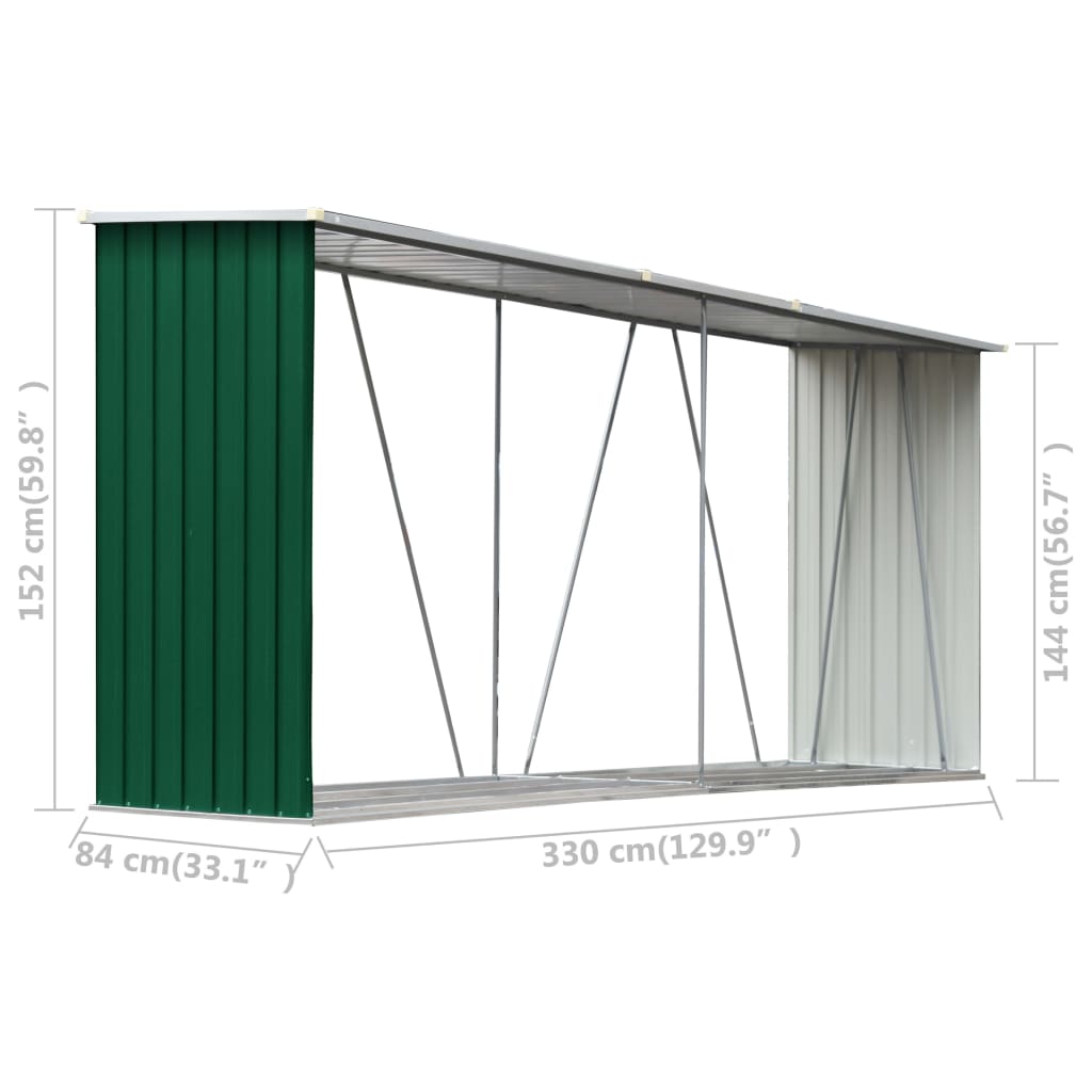 brændeskur til haven 330x84x152 cm galvaniseret stål grøn