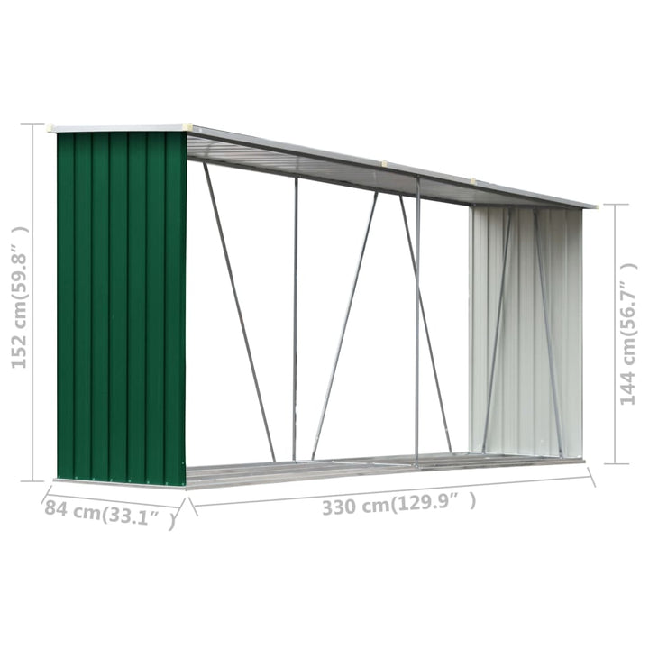 brændeskur til haven 330x84x152 cm galvaniseret stål grøn