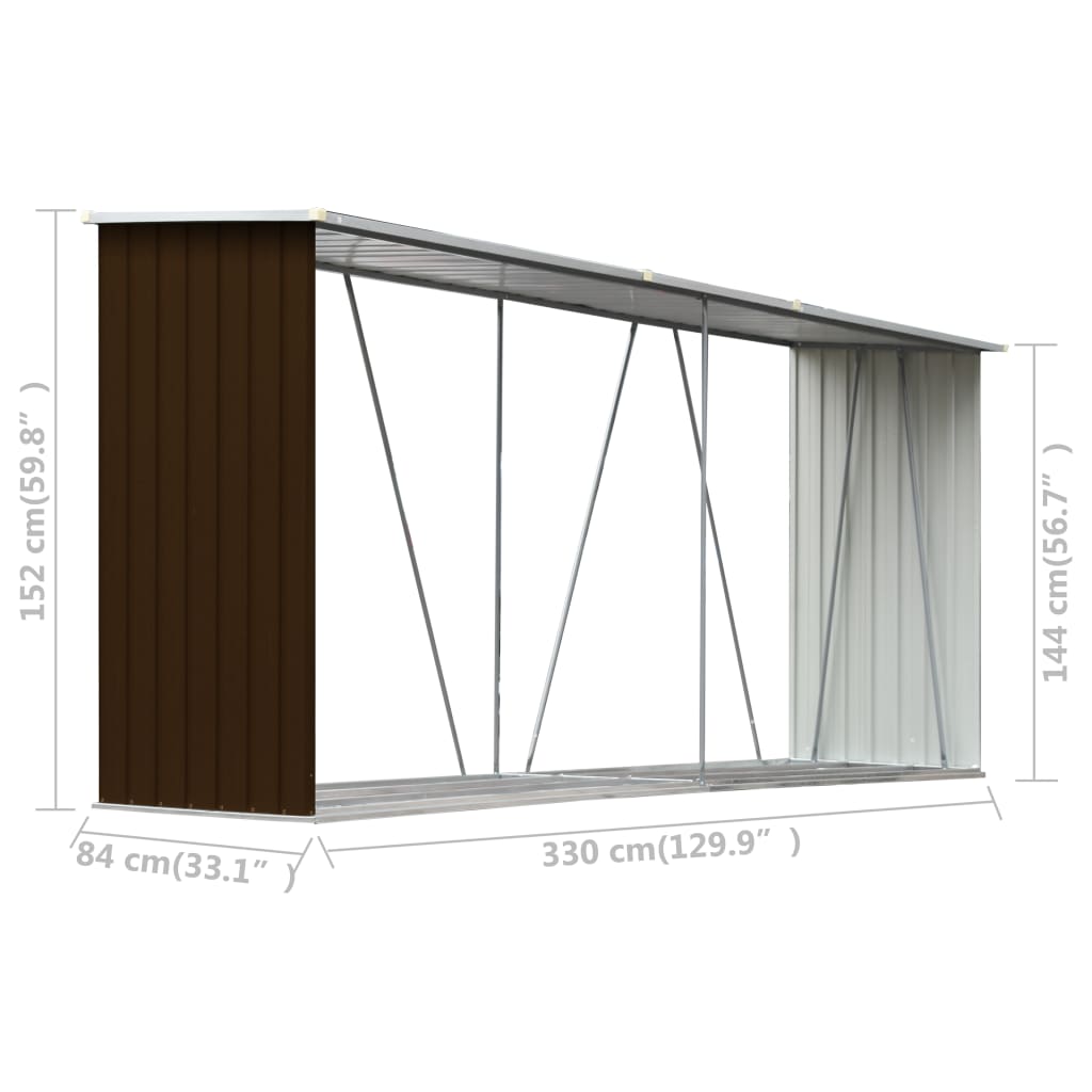 brændeskur til haven 330x84x152 cm galvaniseret stål brun