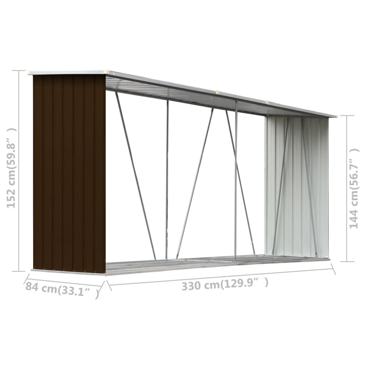 brændeskur til haven 330x84x152 cm galvaniseret stål brun