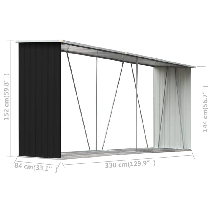 brændeskur til haven 330x84x152 cm galvaniseret stål antracitgrå