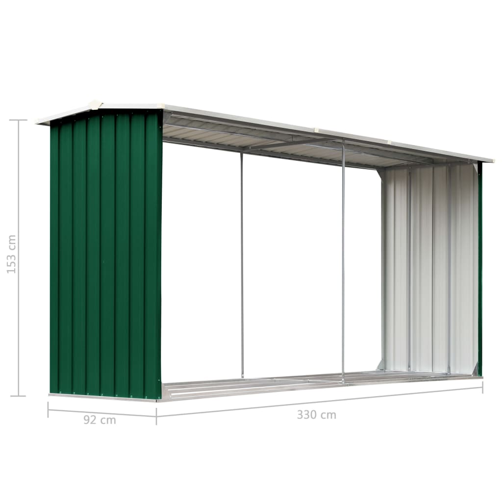 brændeskur til haven 330 x 92 x 153 cm galvaniseret stål grøn