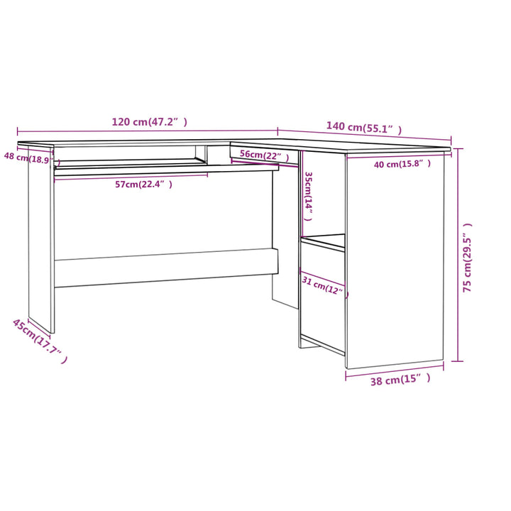 L-formet skrivebord 120x140x75 cm konstrueret træ hvid