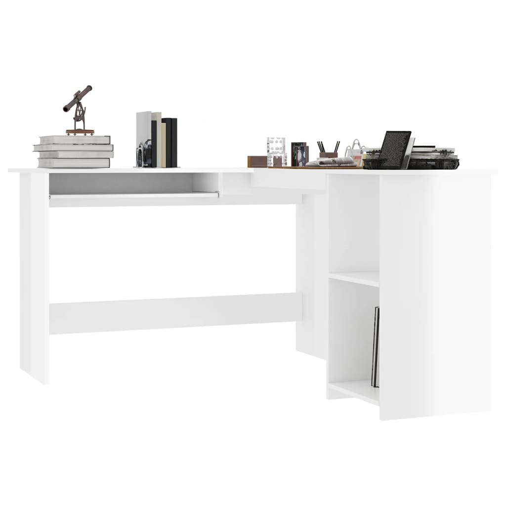 L-formet skrivebord 120x140x75 cm konstrueret træ hvid højglans