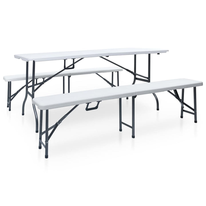 foldbart havebord med 2 bænke 180 cm stål og HDPE hvid