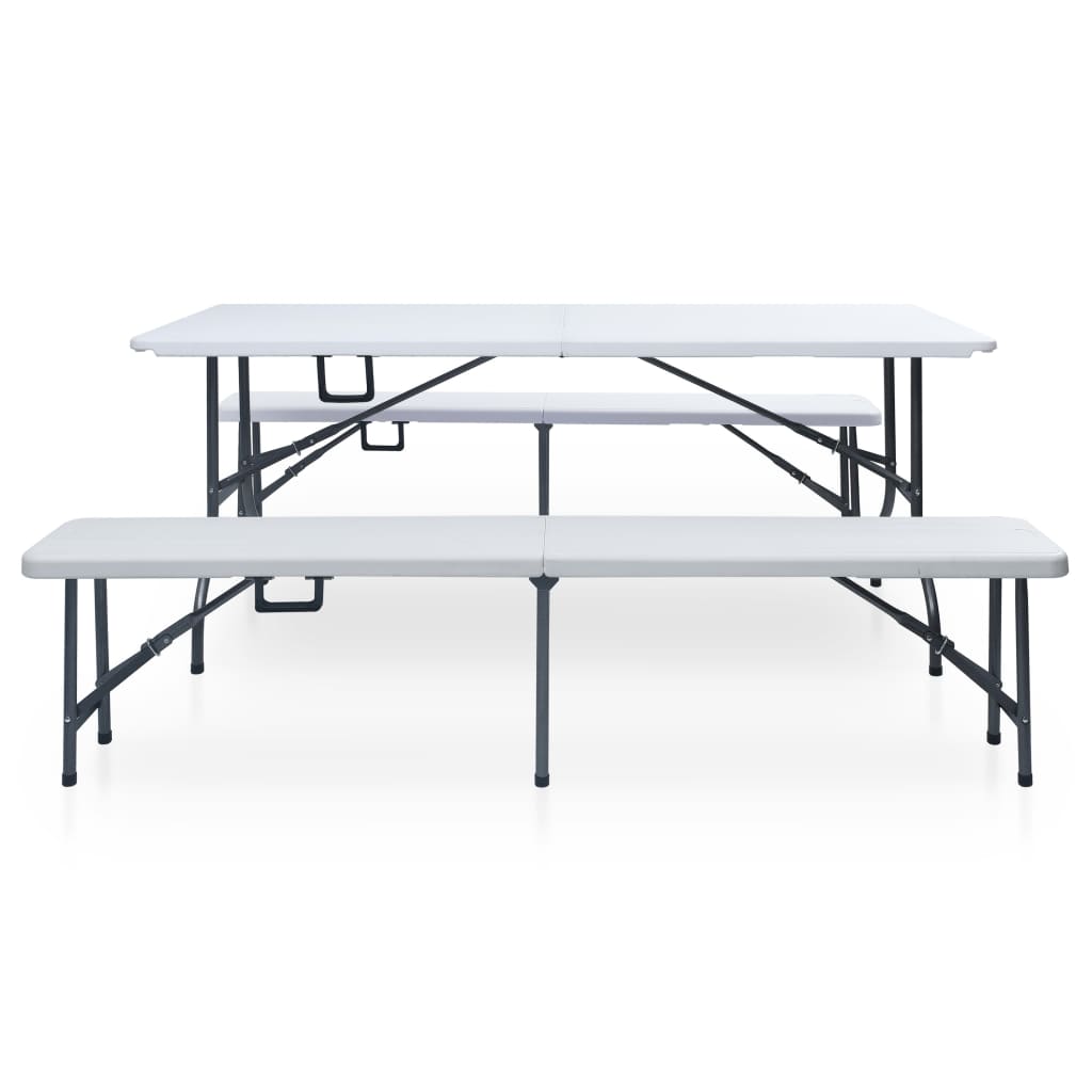 foldbart havebord med 2 bænke 180 cm stål og HDPE hvid