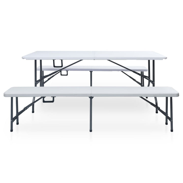 foldbart havebord med 2 bænke 180 cm stål og HDPE hvid