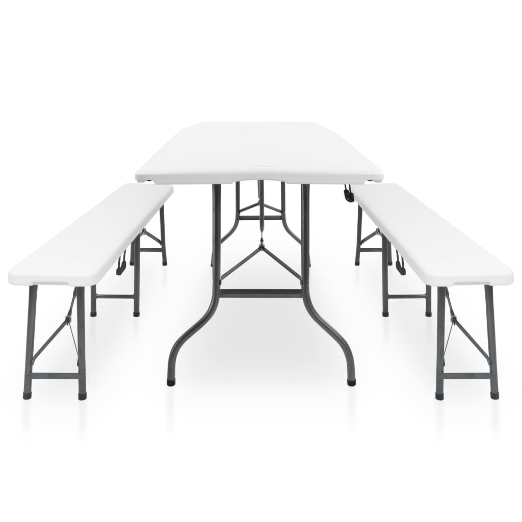 foldbart havebord med 2 bænke 180 cm stål og HDPE hvid