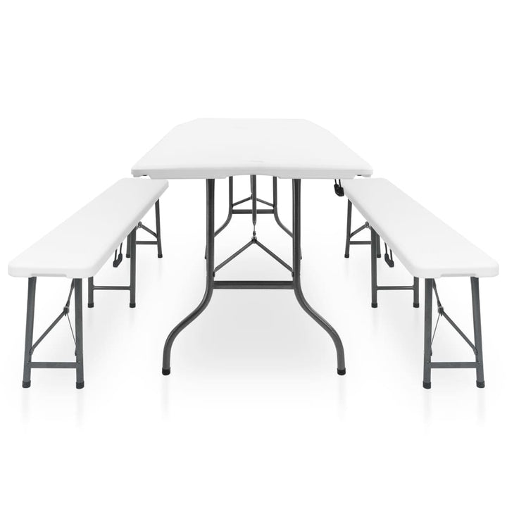 foldbart havebord med 2 bænke 180 cm stål og HDPE hvid
