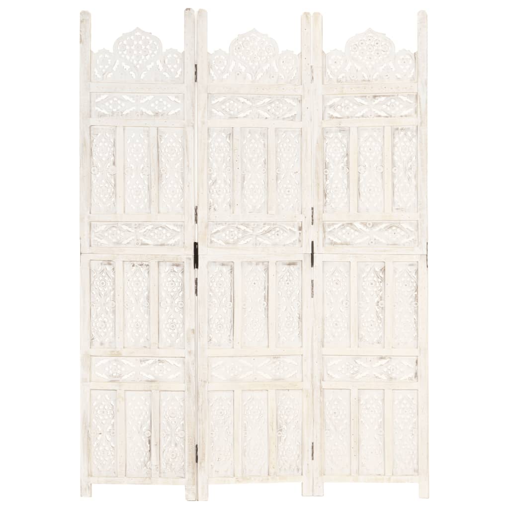 3-panels rumdeler håndskåret 120 x 165 cm massivt mangotræ hvid