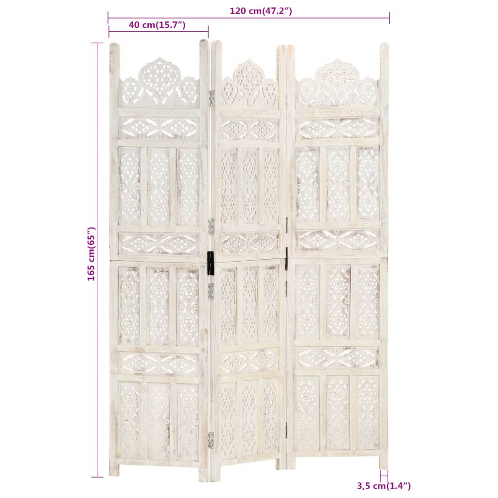 3-panels rumdeler håndskåret 120 x 165 cm massivt mangotræ hvid