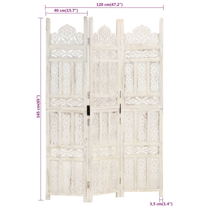 3-panels rumdeler håndskåret 120 x 165 cm massivt mangotræ hvid