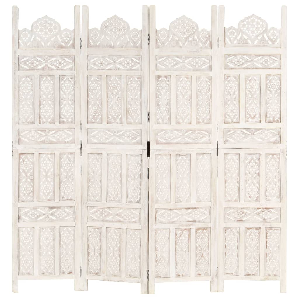 4-panels rumdeler håndskåret 160 x 165 cm massivt mangotræ hvid