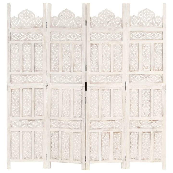 4-panels rumdeler håndskåret 160 x 165 cm massivt mangotræ hvid