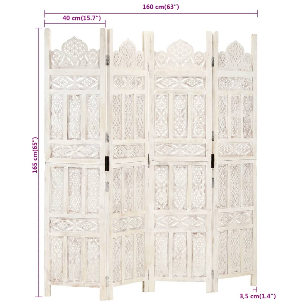 4-panels rumdeler håndskåret 160 x 165 cm massivt mangotræ hvid