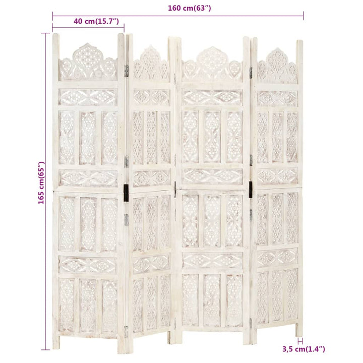 4-panels rumdeler håndskåret 160 x 165 cm massivt mangotræ hvid
